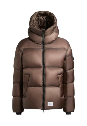 Braune gepolsterte Jacke mit hohem Kragen, Frontreißverschluss und seitlichen Taschen. Hergestellt aus glänzendem Material mit gesteppten Rechtecken.