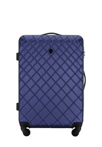 Hard-shell suitcase in dark blue, featuring a diamond quilt pattern, black accents, 4 wheels, and a top handle for easy transport.