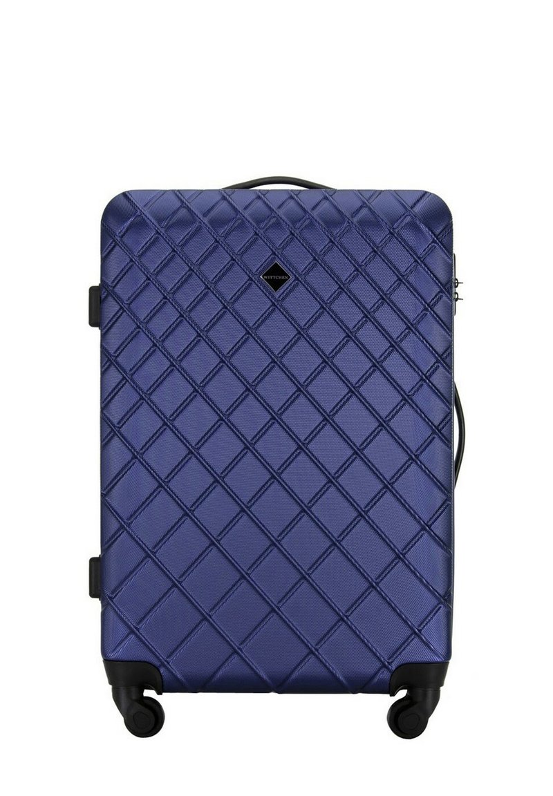 Hard-shell suitcase in dark blue, featuring a diamond quilt pattern, black accents, 4 wheels, and a top handle for easy transport.