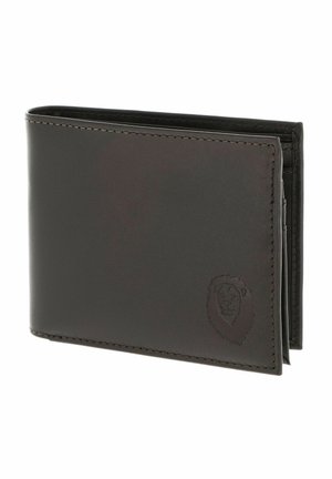 Portefeuille bi-fold en cuir marron foncé avec bords cousus et logo embossé tête de lion en bas à droite.