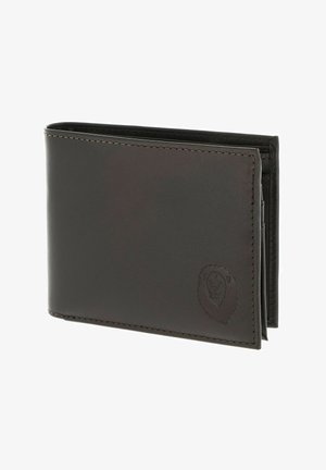 Portefeuille bi-fold en cuir marron foncé avec bords cousus et logo embossé tête de lion en bas à droite.