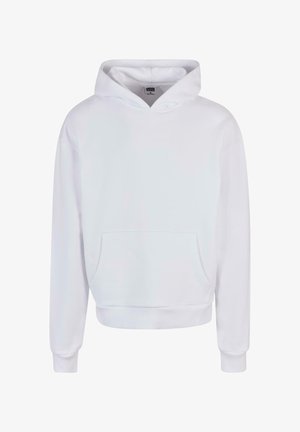 Balta kapuce jaka ar priekšējo kangaroo kabatu, ribotām piedurknēm un apakšmalu. Izgatavota no mīksta materiāla ar gludu tekstūru.