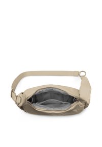 Beige Umhängetasche mit verstellbarem Riemen, offenem Reißverschluss oben, der das geräumige graue Innenfach und eine innere Reißverschlusstasche zeigt.