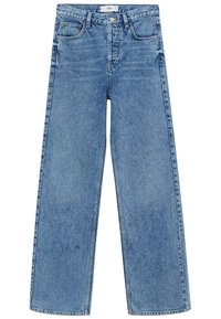 Jeans de mezclilla azul claro con un diseño de pierna ancha, estilo de cinco bolsillos y una textura ligeramente deslavada. Cuenta con cierre de botón y cremallera.