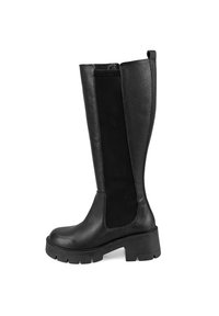 Zwarte laarzen tot de knie met een gestructureerd leren buitenoppervlak, elastische zijpanelen en een stevige rubberen zool met een lichte hak.