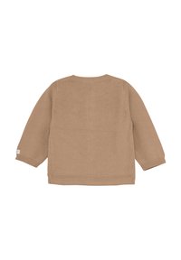 Ljusbrun stickad tröja, långa ärmar, rundad halsringning, ribbade cuffs och nederkant, slät textur, inga synliga mönster eller detaljer.