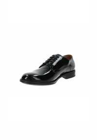Chaussure habillée en cuir verni noir avec un bout arrondi, un laçage formel et un petit talon empilé. Fini lisse et brillant avec des détails de couture minimaux.