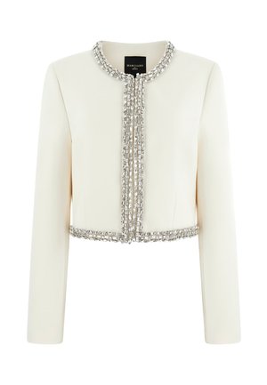 Cremefarbene, kurz geschnittene Jacke mit langen Ärmeln, verziert mit silbernen Strasssteinen entlang des Halsausschnitts, der vorderen Öffnung und des Saums.