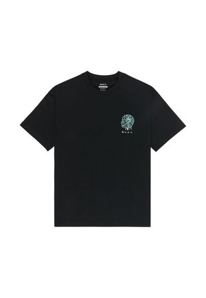 T-shirt nera, vestibilità comoda, maniche corte, con piccolo disegno astratto turchese di testa e fiore e logo RVCA sul petto a sinistra.