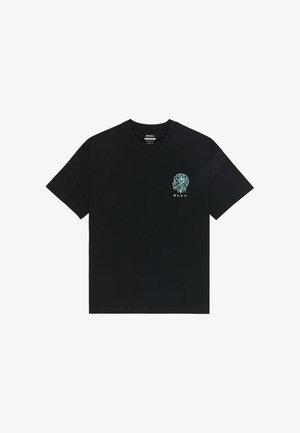 Sort afslappet T-shirt med korte ærmer, med et lille turkis abstrakt hoved- og blomstermotiv samt RVCA-logo på venstre bryst.