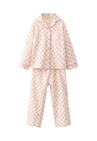 Rosa mönstrad pyjamasuppsättning med en knäppbar topp med ficka och matchande byxor. Tyget är mjukt med en slät yta.