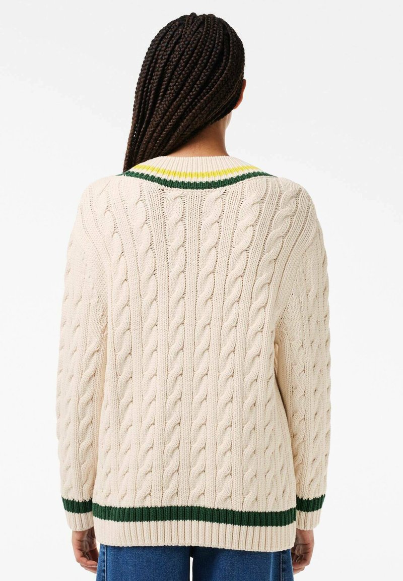 Une personne avec de longs cheveux tressés porte un pull crème en tricot torsadé avec des rayures vertes et jaunes au col et à l'ourlet, associé à un jean bleu.