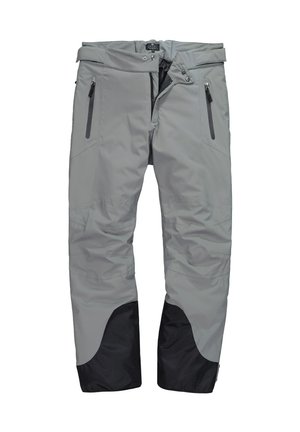 Lysgrå vandtætte bukser med sorte forstærkede manchetter, lynlåslommer og dobbelt trykknaplukning i taljen, designet til udendørs brug.