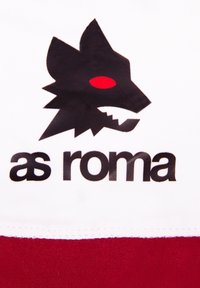 Zwart wolflogo met rode ogen boven de vetgedrukte tekst "as roma" op een witte achtergrond, met een rode accent aan de onderrand. Glad stoftextuur.