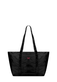 Black tote bag with long, textured straps, featuring a minimal red logo on the front. Spacious rectangular shape with a smooth fabric finish.