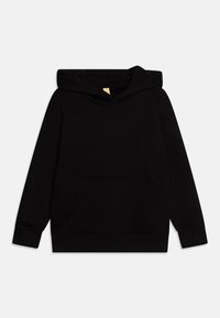 Haut à capuche noir en tissu doux, avec une poche kangourou, une capuche à cordon de serrage et des poignets et un ourlet côtelés. Design simple, sans motifs.