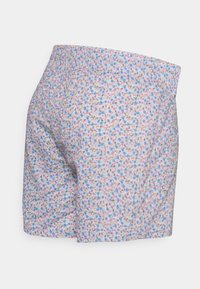 Calções de banho com padrão, base azul clara e pequenos desenhos florais em rosa e azul. Tecido suave, bolsos laterais e cintura elástica.