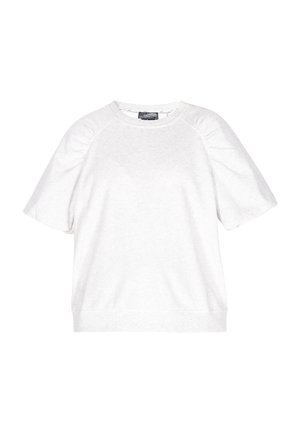 Sweatshirt blanc à manches courtes en tissu doux. Il présente un col rond et des accents froncés aux épaules avec une coupe décontractée.