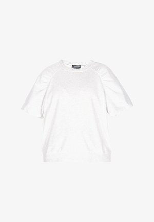 Sweatshirt blanc à manches courtes en tissu doux. Il présente un col rond et des accents froncés aux épaules avec une coupe décontractée.