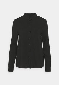 Camicia nera a maniche lunghe con colletto, chiusura frontale con bottoni e taschino a sinistra sul petto. Texture liscia, senza pattern o accenti visibili.