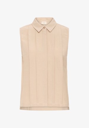 Blusa beige senza maniche con scollo a colletto, caratterizzata da righe verticali sottili e chiusura con bottoni sul davanti. Tessuto liscio.