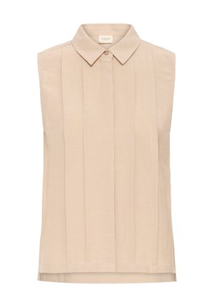 Bluza bej fără mâneci, cu guler și dungi verticale subțiri, cu închidere cu nasturi în față. Textură netedă.
