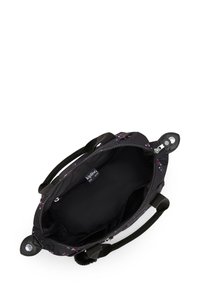 Czarna torba materiałowa z kwiatowym wzorem. Posiada zamek błyskawiczny, dwa uchwyty oraz wewnętrzną metkę. Gładka tekstura i usztywniony fason.