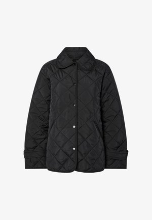 Schwarze gesteppte Jacke mit rundem Kragen, Druckknöpfen und diagonalen Steppnähten. Hergestellt aus glattem, leichtem Stoff.