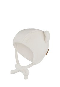 White fleece hat with rounded shape, ear accents, and chin ties. Features a soft texture and small decorative knot detail.