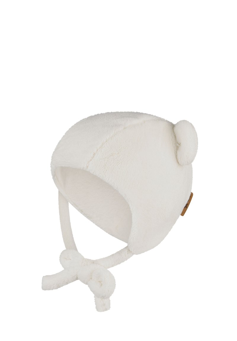 White fleece hat with rounded shape, ear accents, and chin ties. Features a soft texture and small decorative knot detail.