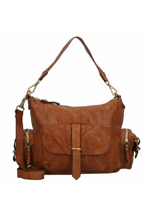 Borsa a mano in pelle marrone con finitura testurizzata, dotata di accessori in ottone, tasca frontale e doppie spalline. Inclusi compartimenti laterali con zip.