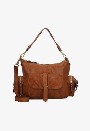 Sac à main en cuir marron avec une finition texturée, doté de quincaillerie en laiton, d'une poche avant et de deux bretelles. Compartiments latéraux zippés inclus.