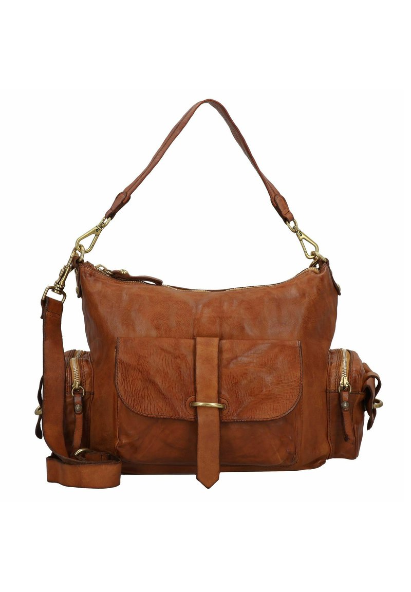 Borsa a mano in pelle marrone con finitura testurizzata, dotata di accessori in ottone, tasca frontale e doppie spalline. Inclusi compartimenti laterali con zip.