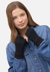 Guantes sin dedos de punto negro con puños acanalados, usados por una persona que lleva una camisa vaquera. Textura suave y diseño sencillo.