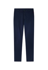 Pantalones azul marino fabricados con una tela suave, que cuentan con un cierre de botón en la parte frontal, bolsillos laterales y un diseño de pierna recta.