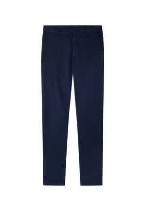 Marineblaue Hose aus glattem Stoff, mit einem Knopfverschluss vorne, Seitentaschen und geradem Schnitt.