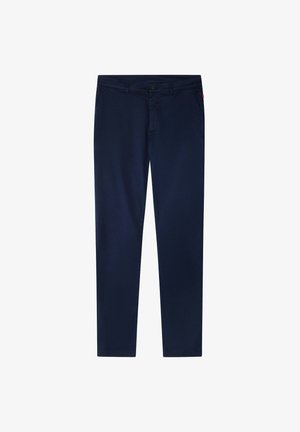 Pantaloni blu navy realizzati in tessuto liscio, con chiusura frontale a bottone, tasche laterali e design a gamba dritta.