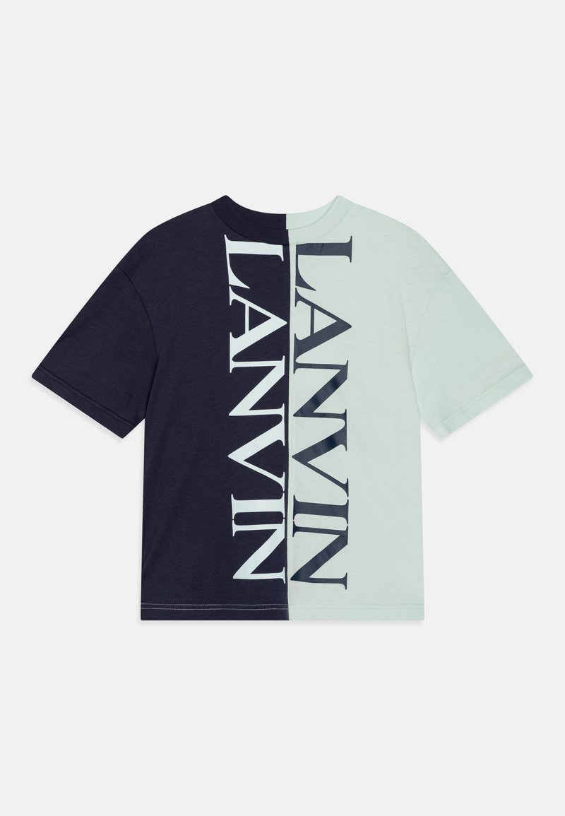 Short-sleeve t-shirt with a split design; navy blue and mint green fabric feature large “LANVIN” text in contrasting colors.