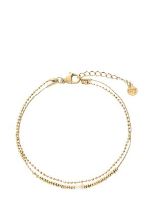 Delicada pulsera de cadena de oro de doble capa con pequeñas cuentas redondas y una única perla blanca centrada en una de las cadenas, cierre de langosta.