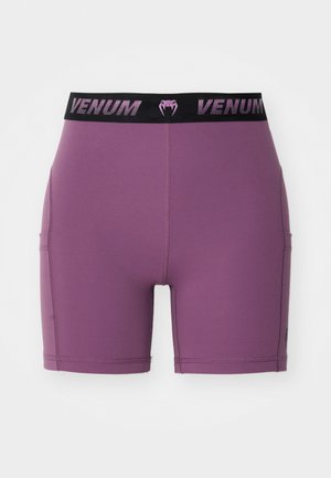 Venum ljubičaste kratke hlače izrađene od rastezljivog materijala, s crnim pojasom s logotipom, bočnim džepovima i prilagođenim dizajnom.