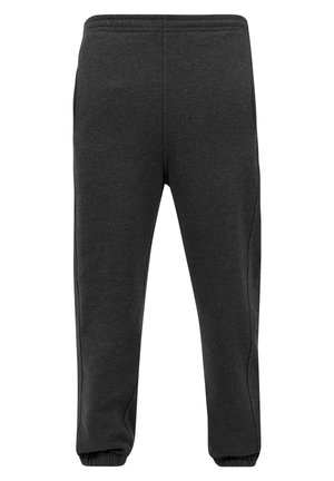Pantalones de chándal gris oscuro hechos de una suave mezcla de algodón, con cintura y puños elásticos, bolsillos laterales y una textura suave.