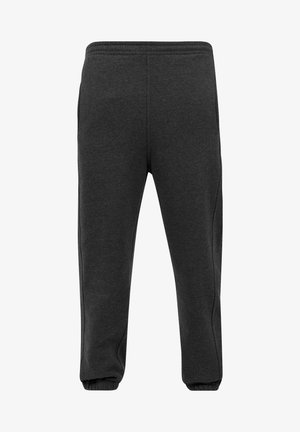 Sötét szürke, puha pamut keverékből készült melegítőnadrág, rugalmas derékkal és szegélyekkel, oldalsó zsebekkel és sima felülettel.