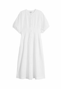 White button-up dress with short sleeves, round neckline, and pleated texture. Made of lightweight fabric, knee-length with flared silhouette.
