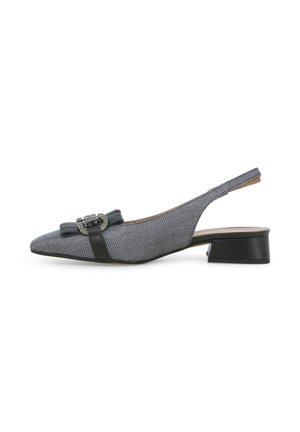 Scarpa slingback grigia con tacco basso, tessuto strutturato, punta appuntita, fiocco nero e dettaglio fibbia con strass sul davanti.