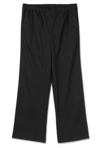 Fekete, bő szárú nadrág elasztikus derékpánttal, sima textúrával és két oldalzsebbel. Egyszerű kialakítás, látható minták nélkül.
