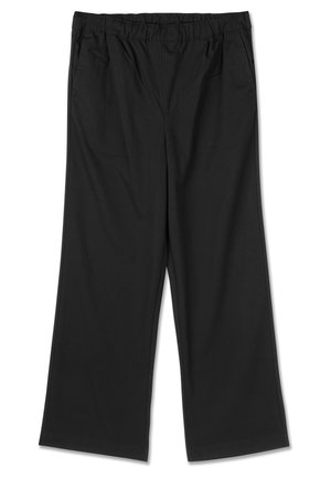 Czarne spodnie o szerokich nogawkach z elastycznym paskiem, o gładkiej fakturze i dwoma bocznymi kieszeniami. Prosty design bez widocznych wzorów.