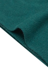 Tessuto verde acqua con un motivo a maglia texture, caratterizzato da una superficie morbida e leggermente pelosa e da un bordo ripiegato. Design pulito e senza cuciture, privo di pattern visibili.