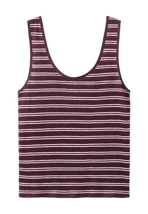 Ärmelloses, dunkelrotes Tanktop mit dünnen, gleichmäßig verteilten horizontalen weißen Streifen, mit rundem Ausschnitt und geradem Saum.