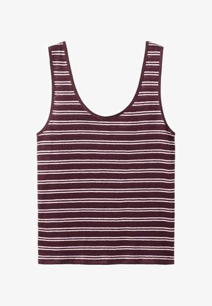 Maiou bordo fără mâneci cu dungi albe subțiri și uniforme dispuse orizontal, cu decolteu rotund și tiv drept.