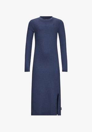 Langärmliges, navyblaues, geripptes Strickkleid mit Rundhalsausschnitt und Seitenschlitz am Saum, Midi-Länge.